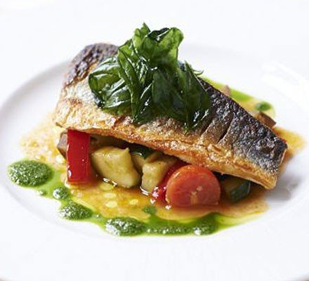 Pan-fried sea bass with ratatouille & basil