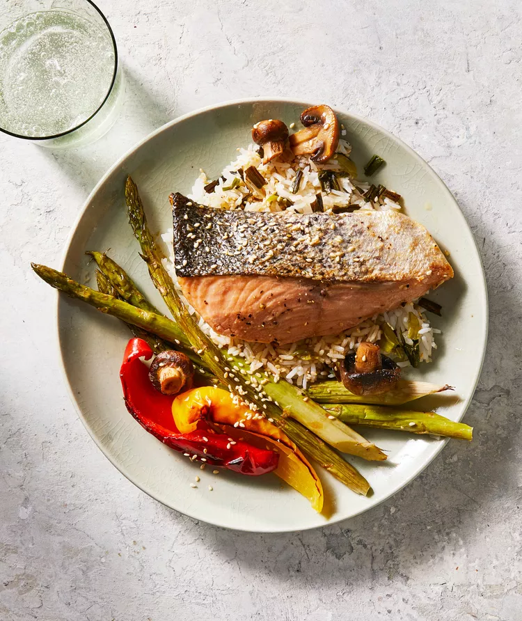 Broiled Salmon With Vegetables and Scallion Rice