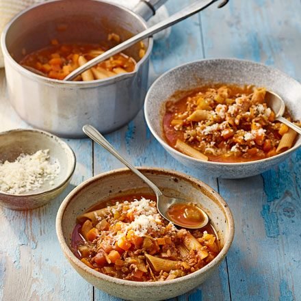 Chunky Bolognese soup with penne