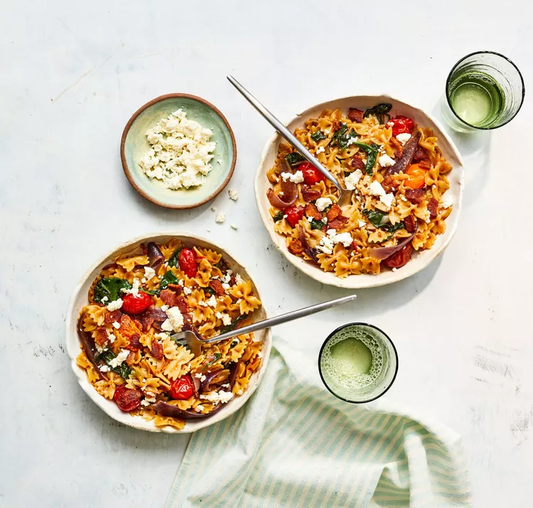 One-Pot Pasta Primavera with Bacon and Feta