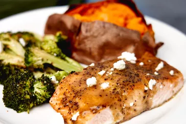 Easy Sheet Pan Roasted Greek Salmon and Broccoli