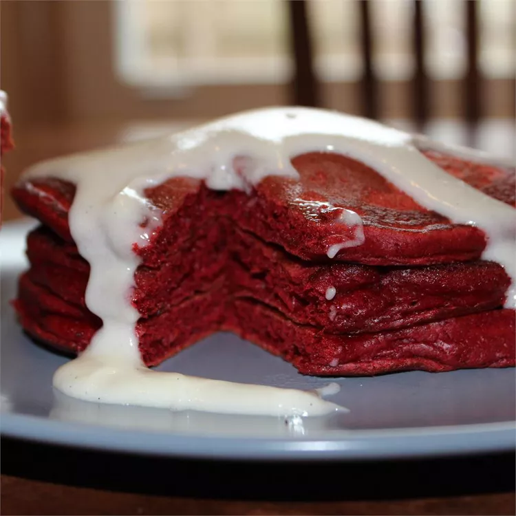 Red Velvet Pancakes with Cream Cheese Glaze